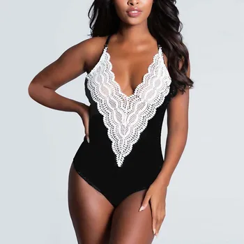 

Patchwork Sexy Bodysuit Women Strap Lace Decor Clothes Sexy Deep V Neck Top Bodysuits Overalls One Piece Bodysuit Macacao Femme