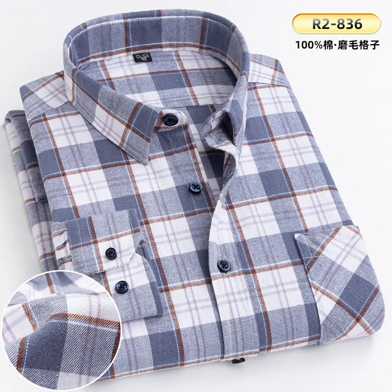 New Spring Autumn 100% Cotton Flannel Plaid Mens Shirts Casual Long Sleeve Regular Fit Home Dress Shirts For Man Clothes 6XL 5XL long short sleeve shirt