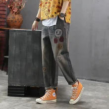 Осенние джинсы женские Ретро свободные джинсы женский эластичный пояс карман вышивка повседневные брюки Mori girl