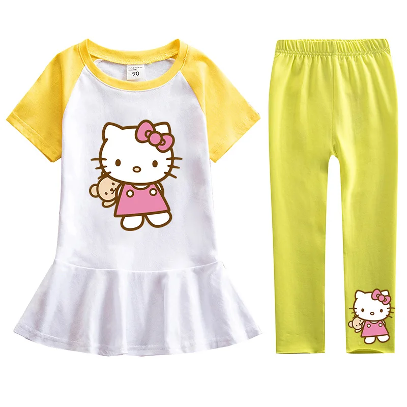 thumbnail image 1 of Hello Kitty Girl Hit Color falda de hoja de loto de manga corta pantalones casuales sólidos conjunto de dos piezas bebé nueva moda traje culotte de algodón, 1 of 5