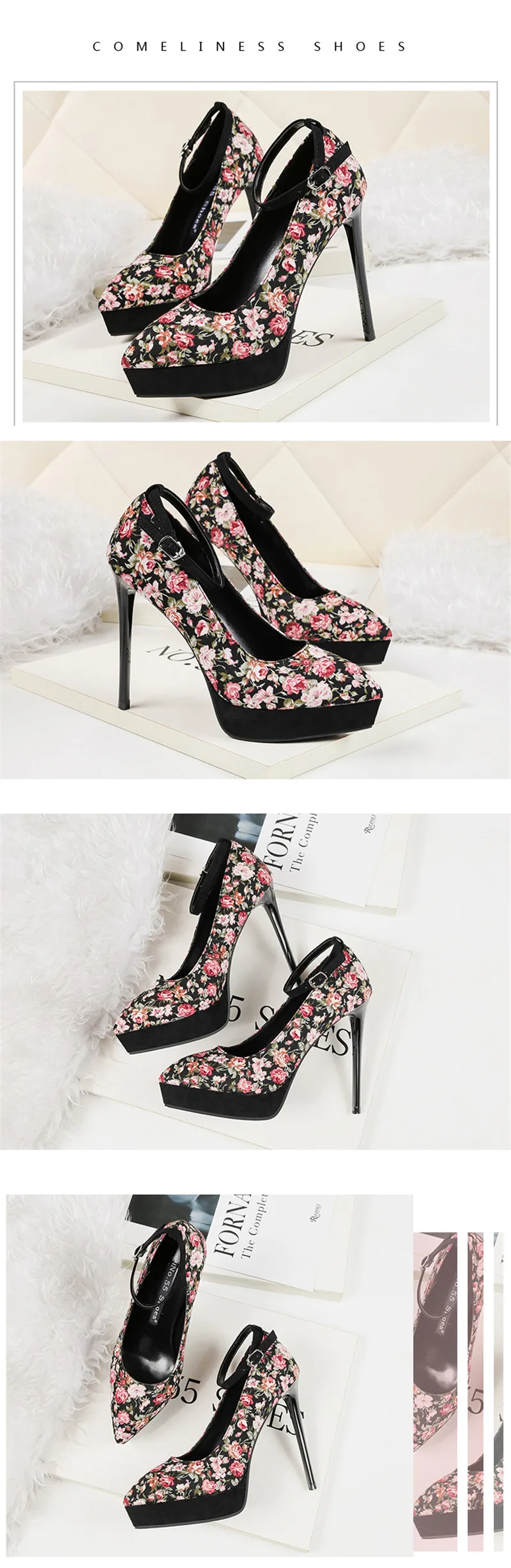 Sexy Pointed Toe High-heeled Pumps Shoes Women Ankle Strap Platform Stiletto Ladies High Heels Print Women's Wedding Dress Shoes (6)