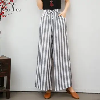 

Spring and summer Pants Korean style Linen High waist Loose wide leg pants stripe Trousers Female