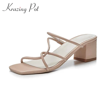 

Krazing pot European style large size fashion narrow band square toe women sandals slip on high square heels summer shoes L39
