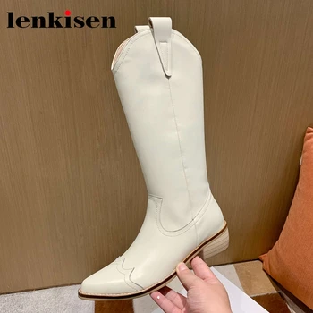 

Lenkisen 2020 new western boots split leather pointed toe med heel handmade brand superstar fashion solid knee-high boots L39
