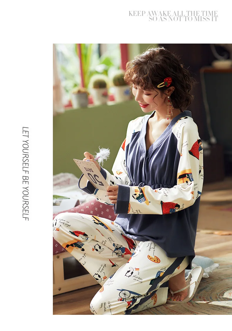 Pajamas Women's Spring And Autumn Pure Cotton Long Sleeve Trousers Crew Neck Women's Casual Nursing Home Wear Two-Piece Set