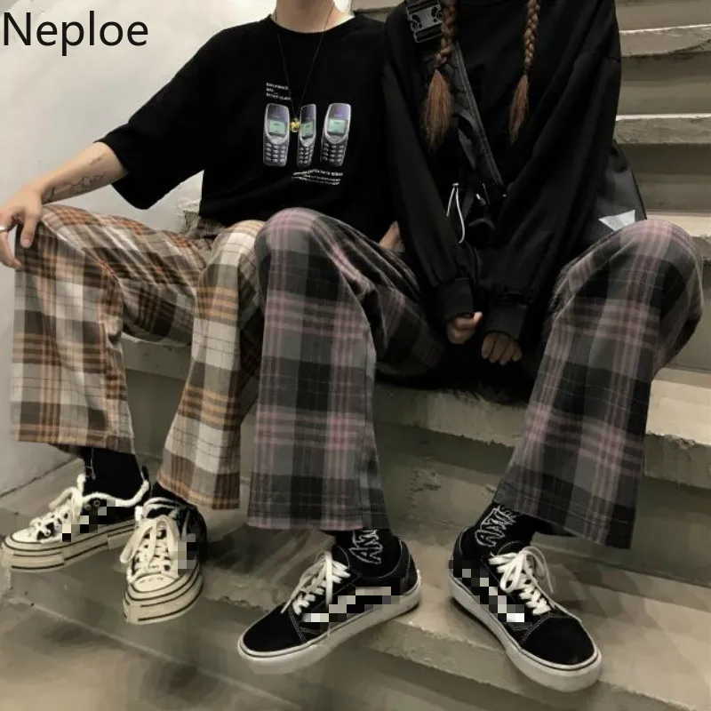 Neploe Harajuku ретро Стиль в клетку, свободные, широкие в ноге, штаны уличная одежда унисекс, Высокая Талия Повседневное с эластичной резинкой на талии брюки Ins Pantalones