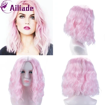 

AILIADE 2020 Short Wavy Synthetic Wigs Heat Resistant Fiber Ombre Pink For Black Women African American Daily/Cosplay False Hair