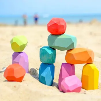 

5/10/16pcs Children's Wooden Colored Stone Jenga Building Block Educational Toy Creative Nordic Style Stacking Game Rainbow Gift