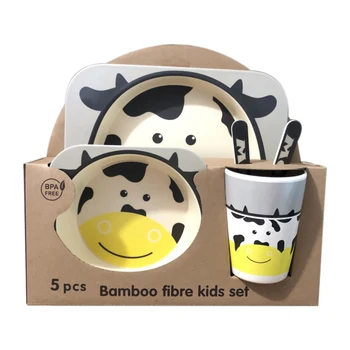 

5pcs Kids Dish Baby Tableware Set Spoon Dinnerware Cup Plate Bowl Forks Outdoor Bamboo Fiber Portable Picnic Cute Cartoon