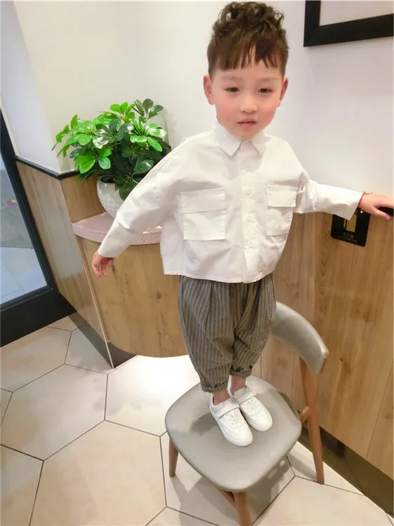 19 Весна и осень стиль корейский стиль для женщин и мужчин детская одежда модная детская рубашка с длинными рукавами белая рубашка отложной воротник