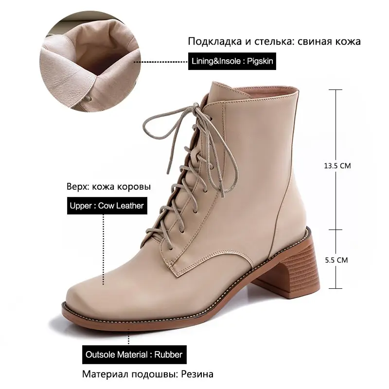 Donna-in Ankle High Heels Boots Women Elegant Cross Tied Square Toe Rubber Boots Genuine Leather Fashion Shoes Woman New