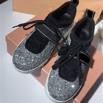 

Silver Sequins Bling Shoes Woman Hook Lace-up Shallow Zapatos De Mujer Platform Wedges Women Shoes Round Toe Fashion Flat Shoes