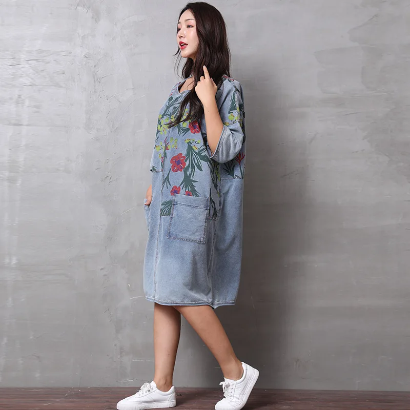 

Retro Mid-length Washing Retro Denim Skirt Women's Japanese-style-Style Loose-Fit Cool Large Size Printed Half-sleeve Shirt Dres