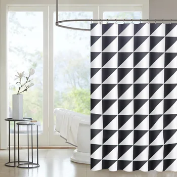 

Black White Geometric Printed Shower Curtain Waterproof Bathroom Screen Modern Bathtub Decor Anti-mildew Partition with Hooks