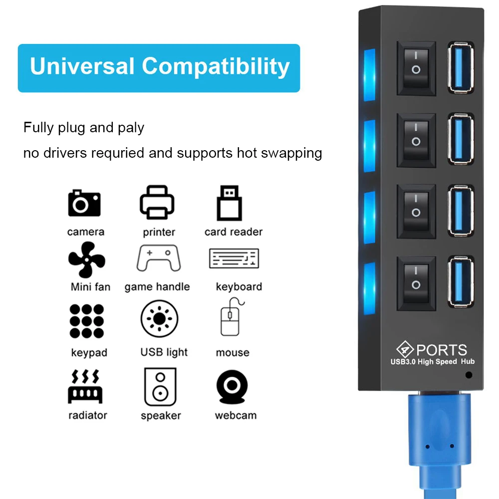 Multiprise PC Hub USB 3.0 - Multi 4 Ports USB Multiple Ultra Fin