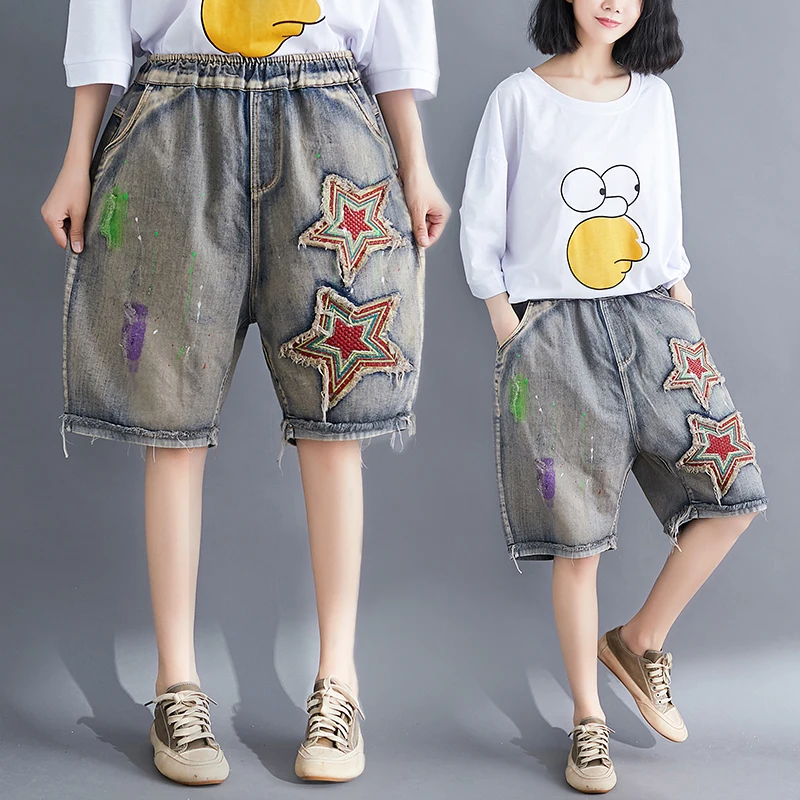 Women Summer Fashion Korea Style Vintage Frayed Pentagram Embroidery Patchwork Denim Jeans Shorts Female Casual Loose Hole Short