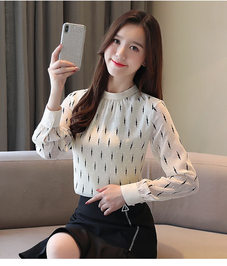 Blusas mujer de moda, длинный рукав, одноцветная белая рубашка для женщин, топы для девушек, топы, блузки из шифона, стоячая женская одежда 6321 50