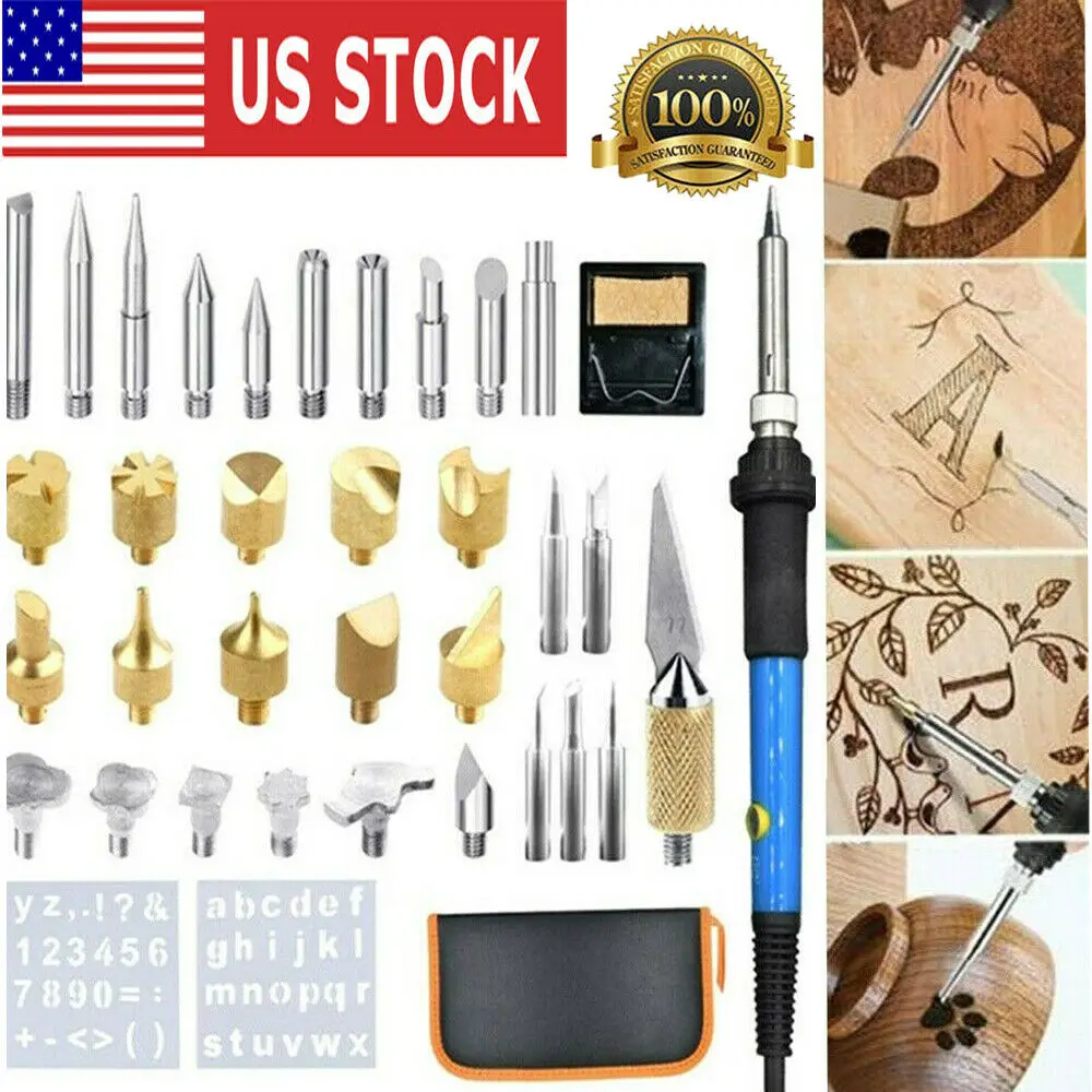 

37Pcs 60W Wood Burning Pen Set Stencil Soldering Tips Tools Pyrography Craft Kit