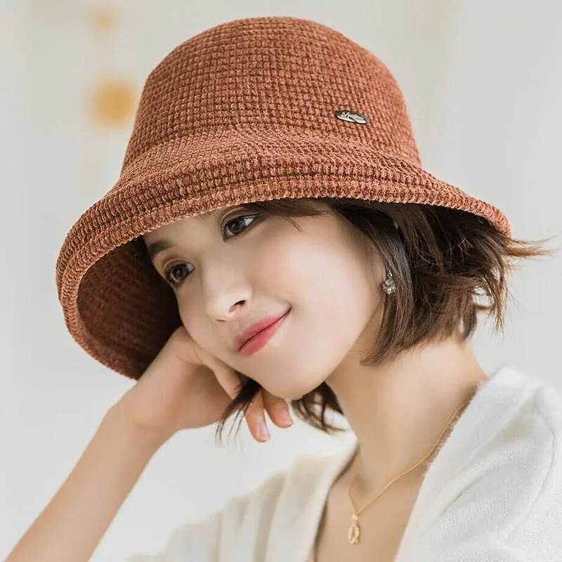 Bucket Hat Cover New Design For Women Solid Chenille Solid color Outdoor Autumn Winter For Ladies Fisherman Hat For Female