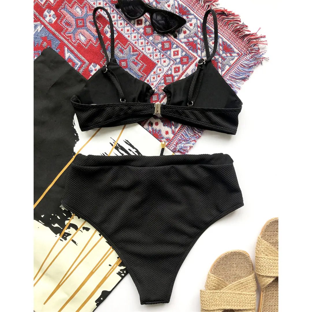 Female Swimsuit High Waist Bikini 2020 Women Swimwear Two-pieces Bikini set With Metal Ring Bather Bathing Suit Swim Lady V2416
