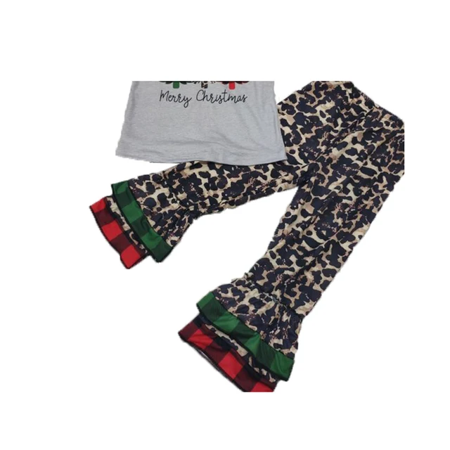 Best selling Christmas tree print girls outfit leopard bell pants set