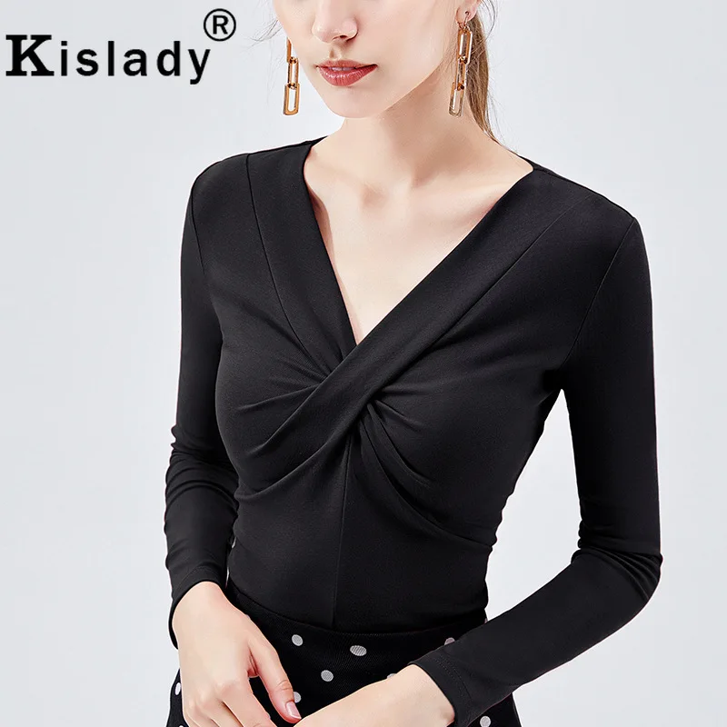 

Kislady 2019 Womens Sexy Slim Deep V-Neck Cross Bow Tops Plus Size Elegant Transparent Gothic Tshirts Casual Long Sleeve Clothes