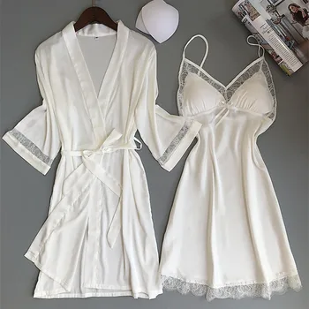 

Women Robe & Gown Sets Bathrobe Night Dress with Chest Pads Ladies Nightwear Sexy Lace Sleep Lounge Pijama Long Sleeve