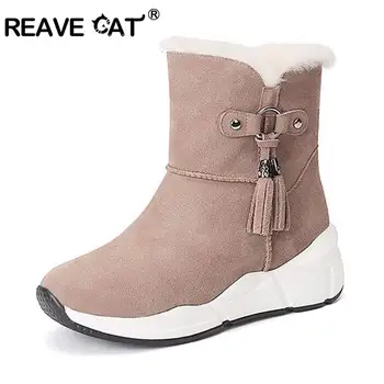 

REAVE CAT Snow women winter's Ankle Boots Cow suede Plush Round Toe Platform Bukle Tassel Flat with Zipper Keep Warm size 34-40