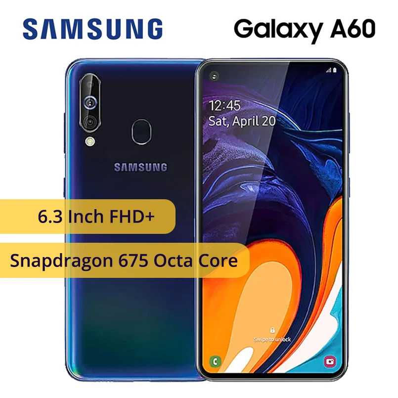 Смартфоны samsung Galaxy A60, 6,3 дюймов, FHD+ Snapdragon 675, четыре ядра, 6 ГБ, 128 ГБ, Android 9,0, тройная задняя камера, NFC, мобильный телефон