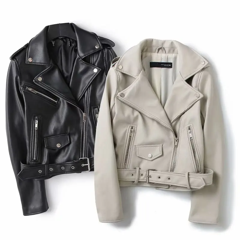 

Pop Women Autumn Winter Black Faux Leather Jackets Zipper Basic Coat Turn-down Collar Motor Biker Jacket With Belt Outwear Top