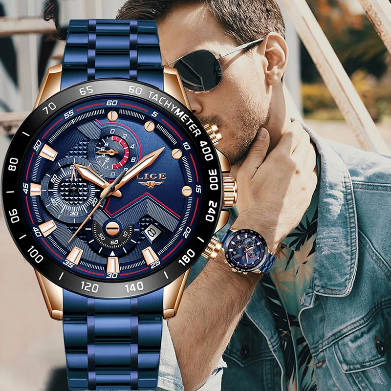 

2019 LIGE business blue men watches Top luxury brand clock male military all steel waterproof Quartz watch Relogio Masculino+box