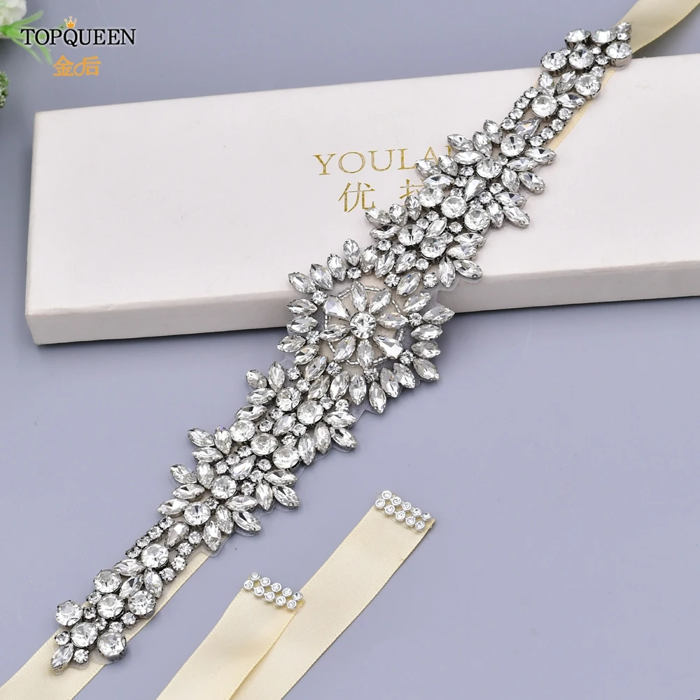 TOPQUEEN S319 Rhinestones Wedding Belts Wedding Sashes Crystal Bridal Belts Decorative Belt with Stones Jeweled Satin Ribbons