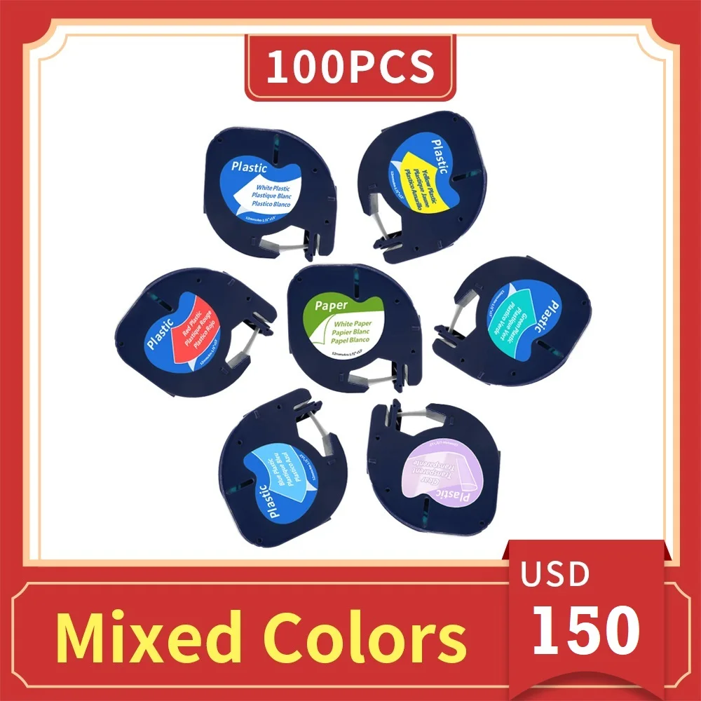 100PCS 91201 12267 91200 DYMO LetraTag 호환 LT-100H 라벨 테이프 혼합 색상 LT-100T 용 철제 종이 플라스틱 테이프