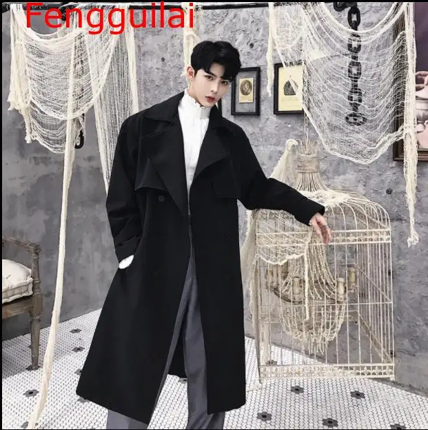 Autumn Korean style Unique Drape jackets trench for men Long section casual loose Windbreaker jackets men 5