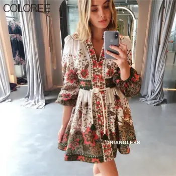 

Runway Dress Designers 2020 Summer Vacation Bohemian V-neck Long Sleeve Tassel Mini Dress FEmale