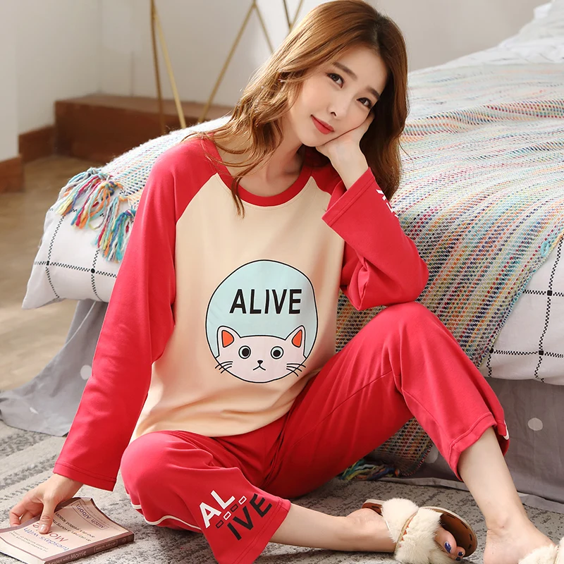 M L XL XXL 3XL 4XL 5XL Женская одежда для сна с длинным рукавом, хлопок, комплекты одежды для сна, осенние пижамы, женские пижамы - Цвет: 5832