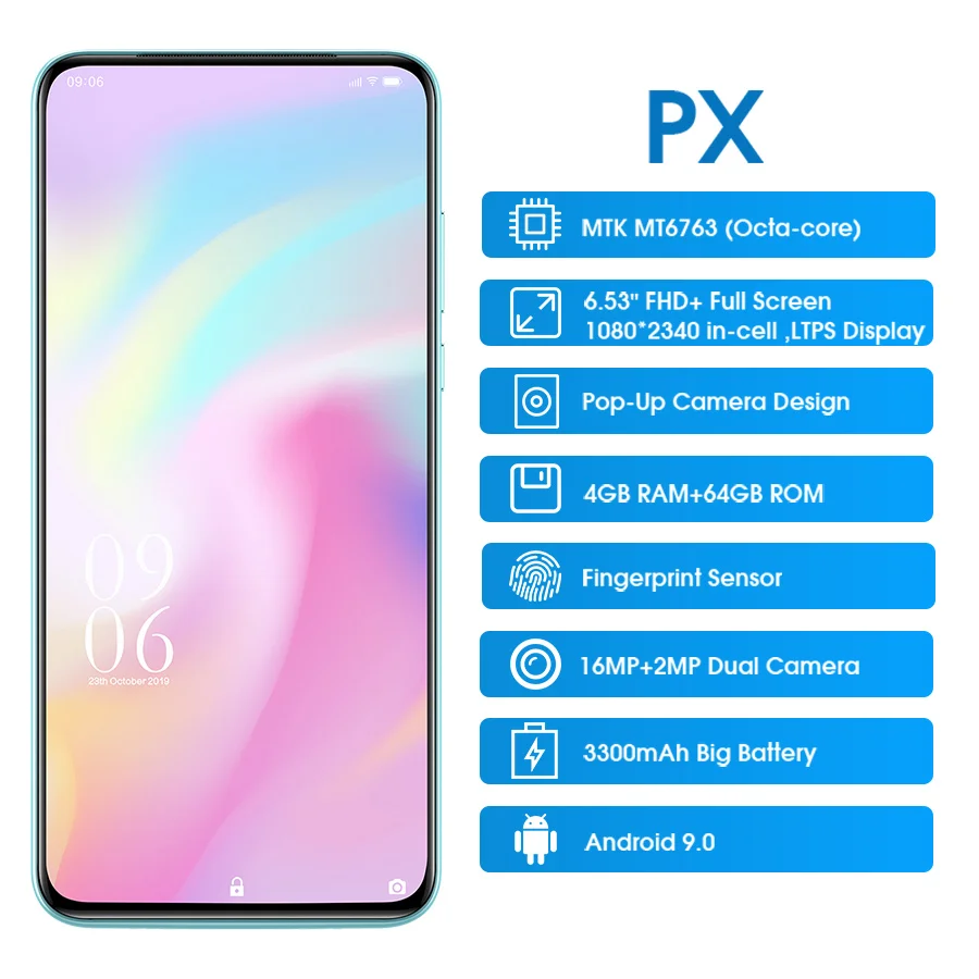 Elephone PX 6,5" FHD+ полноэкранный глобальный мобильный телефон Android 9,0 MT6763 всплывающая камера дизайн 16MP камера смартфон