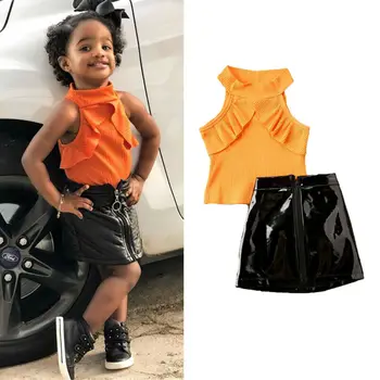 

US 2020 Toddler Kid Baby Girl Clothes Ruffles Top Vest Leather PU Zip Skirt Summer Outfit Set 9m-5T