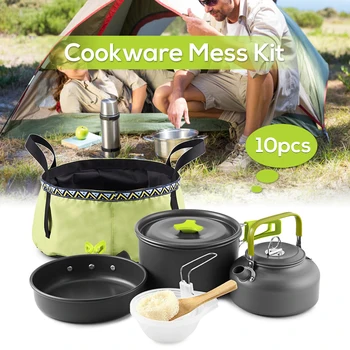 

Backpacking Cooking Pot Pan Set Kettle Outdoor 10Pcs Camping Cookware Mess Kit with Folding Wash Basin Bucket for 2 - 3 People