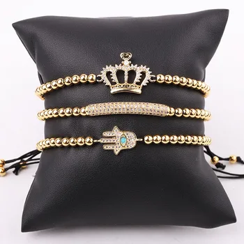 High Quality Stainless Steel Beads CZ Pave Hand Crown Charm Handmade Macrame Friendship Bracelet Female Male Jewelry Gift