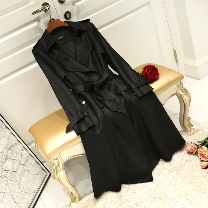British style spring and autumn women's new high quality suede temperament slim windbreaker long paragraph over the knee Trench