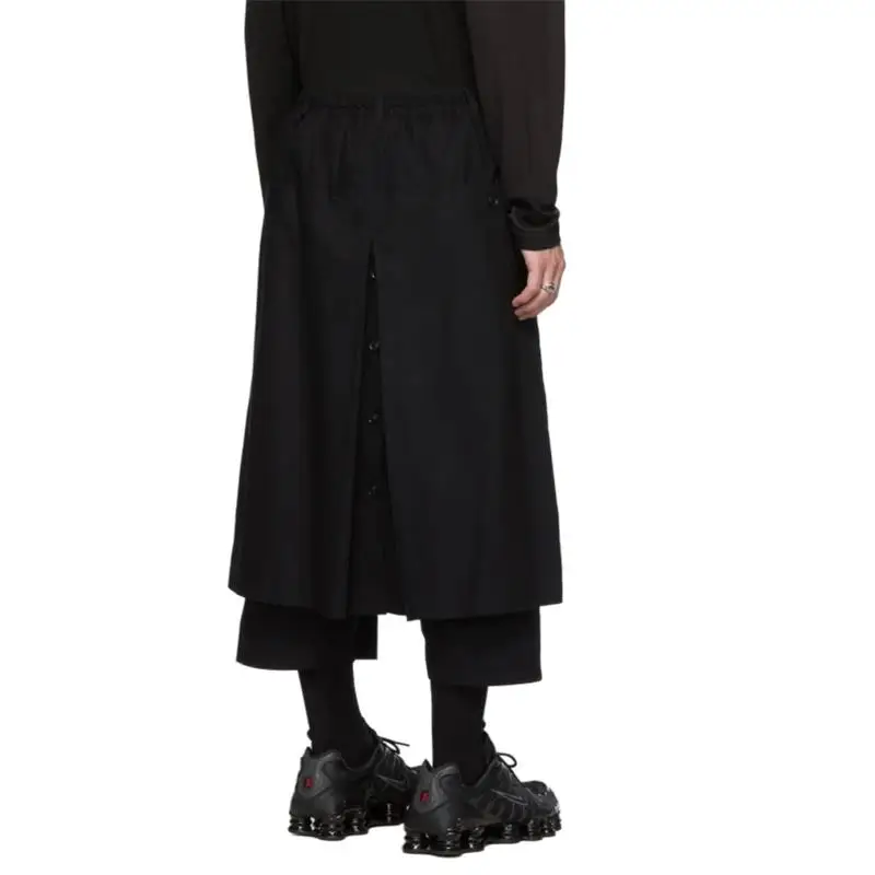 Men's Pant Skirt Wide Leg Spring And Autumn New Black Elastic-Waisted False Two Pieces Of Nine-Point Design Straight Pants