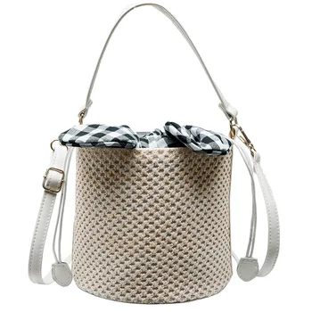 

Rattan Weaving Vacation Beach Package Polyester Bow Bucket Type Detachable Shoulder Strap High Capacity Women Shoulder Handbag