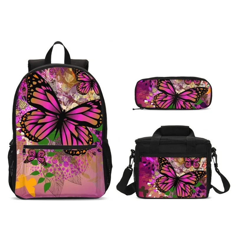 3 шт./компл. школьные сумки для девочек подростков 3d бабочка детская школьная сумка Большой Школьный рюкзак для детей школьная сумка с цветочным принтом Mochila