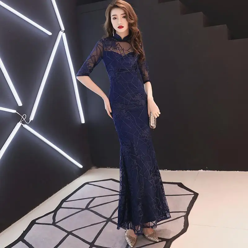 Женское платье в стиле ретро, китайский стиль, Qipao, сексуальное, тонкое, кружевное, для вечеринки, платье русалки, элегантное, серое, воротник-стойка, Cheongsam Robe De Soiree - Цвет: Синий