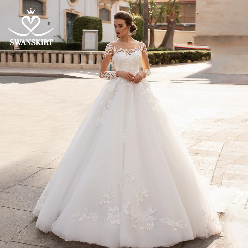 

Elegant Long Sleeve Appliques Wedding Dress Sweetheart Customized A-Line Princess Vestido de novia Swanskirt S108 Bridal Gown