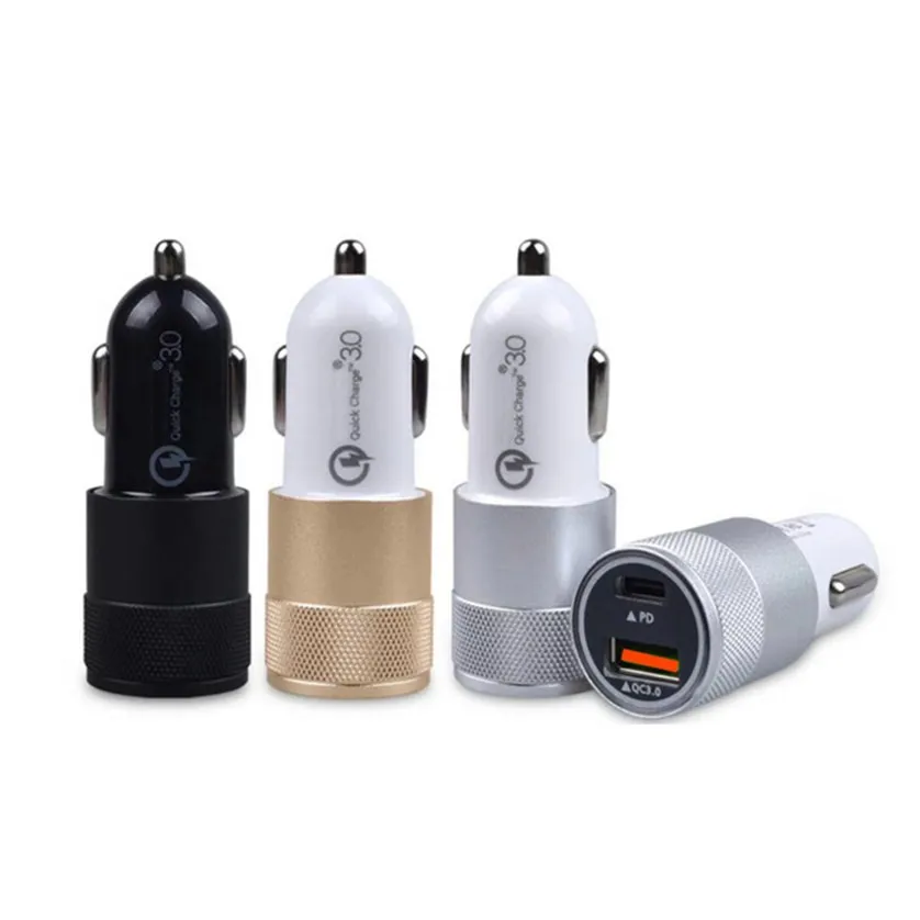 100 шт. 3A 2 порта QC 3,0 двойной USB USB-C PD Быстрый автомобильный адаптер зарядного устройства синий светодиодный светильник для iPhone samsung huawei xiaomi