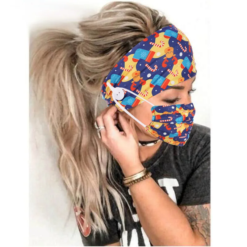 

2 Pcs/ Set Unisex Headband Button Decoration with Face Mask Wearing Hair Accessories Running Elastic Hair Band Headwear