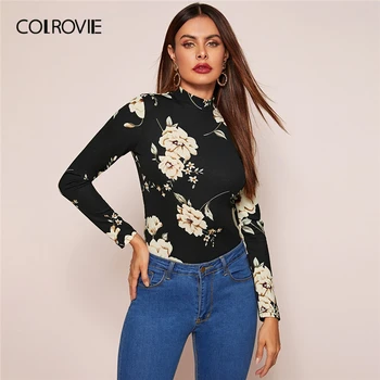 

COLROVIE Mock-neck Floral Print Fitted Tee Women Slim Fit Tees 2020 Spring Multicolor Casual Pullovers Long Sleeve Elegant Tops