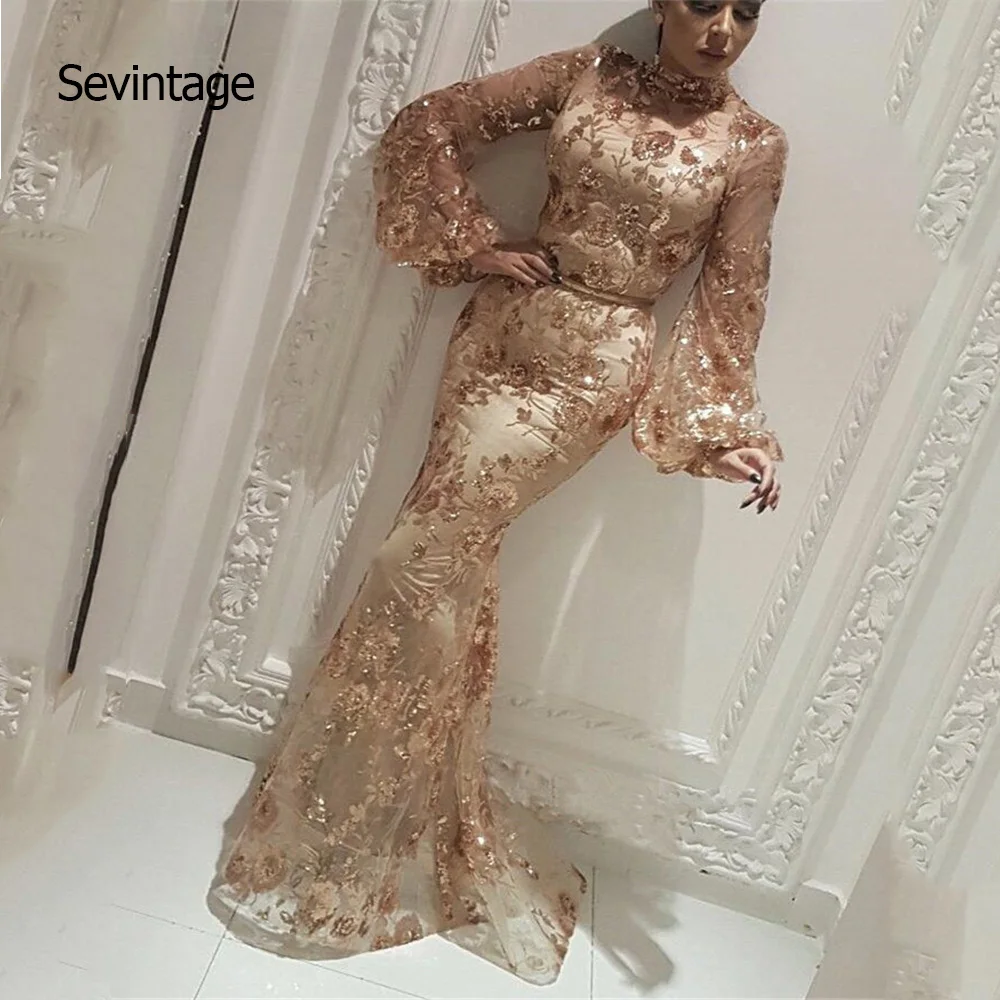 

Sevintage High Neck Muslim Arabic Dubai Long Prom Dresses Full Length Evening Gown Party Dress vetidos de noche